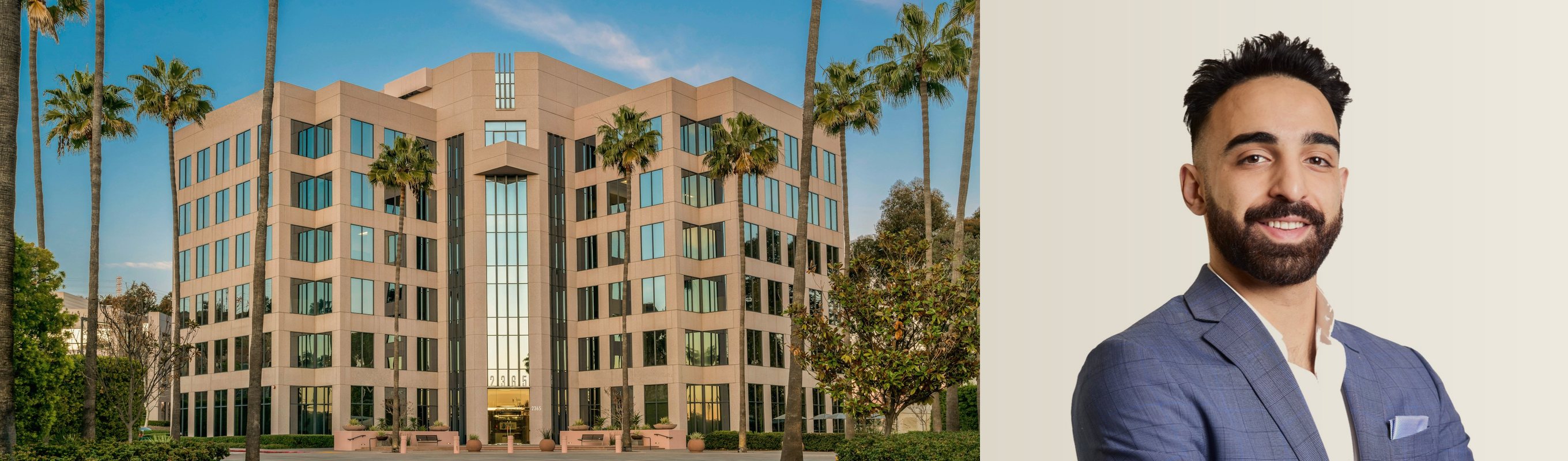 A sunlit office building framed by palm trees, beside a portrait of Cam Nayebi